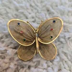 Vintage Gold Mesh Butterfly Brooch Pin stone accents